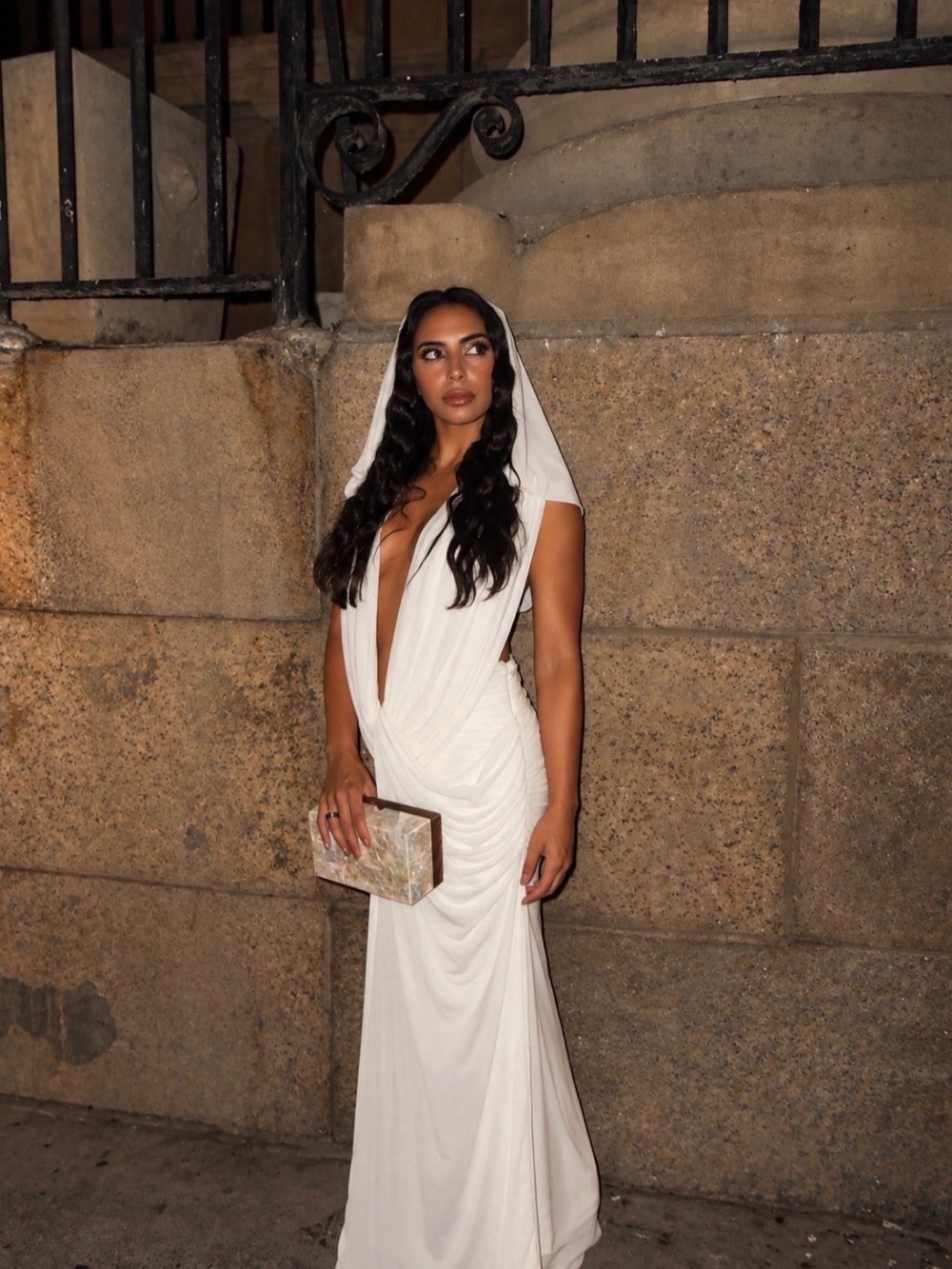 Heirress White Draped Hooded Evening Dress